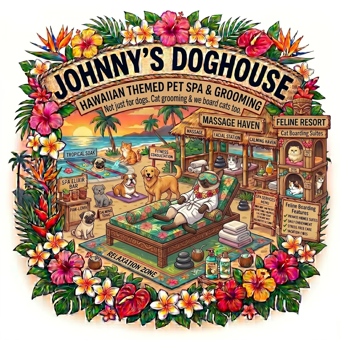 Hawaiian-themed cat boarding suites at Johnny's Doghouse, Tempe