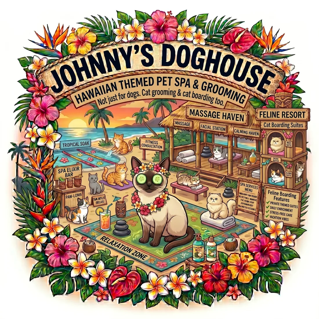 Hawaiian-themed cat grooming and spa at Johnny's Doghouse, Tempe