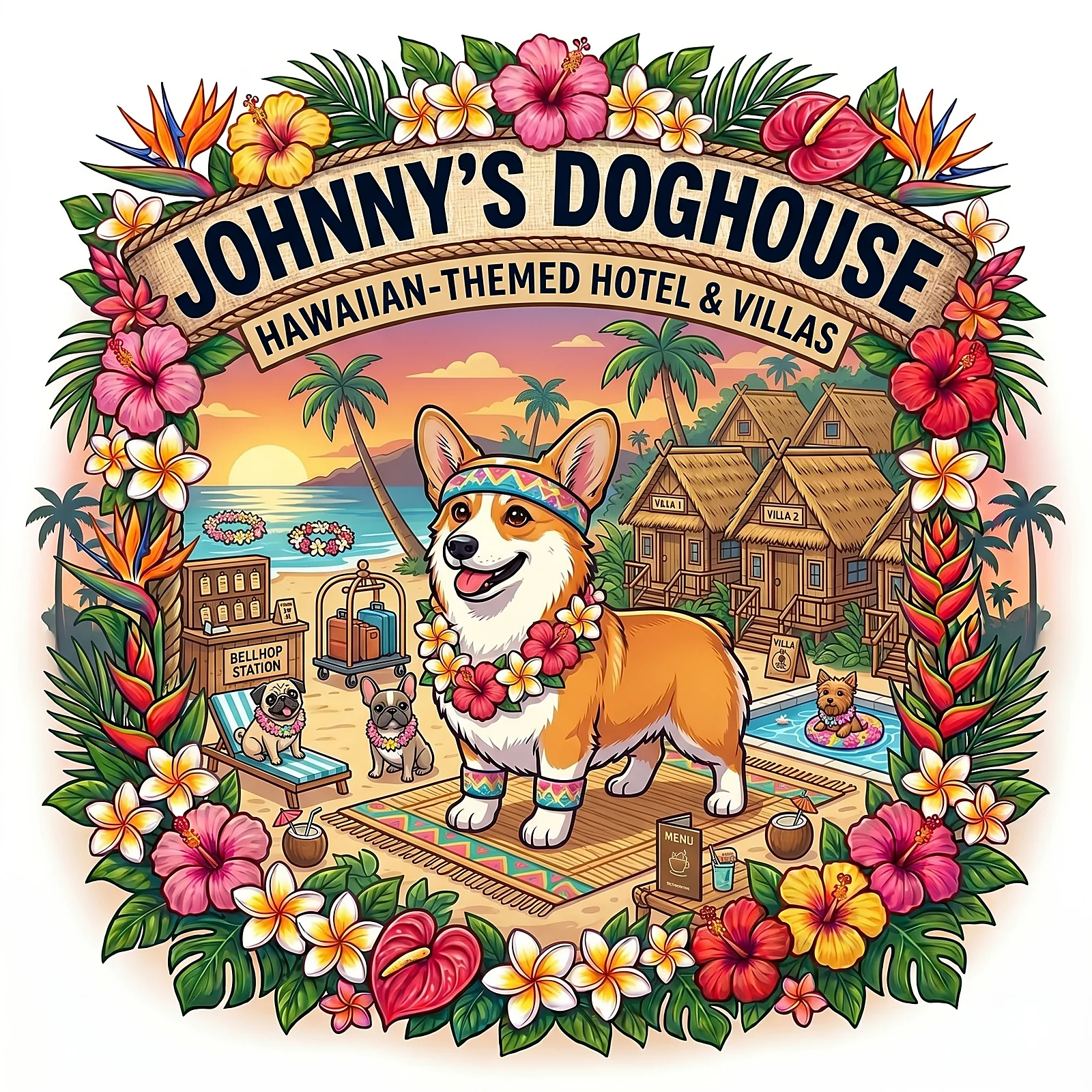 Corgi bellhop at thatched villas with a pool — dog boarding, Tempe