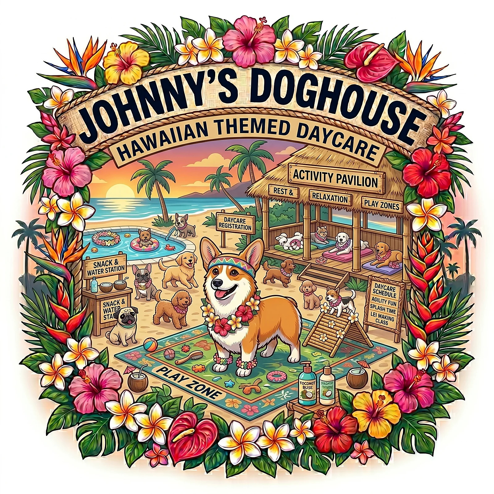 Hawaiian-themed daycare illustration — corgi mascot & tiki play zones — Johnny's Doghouse, Tempe