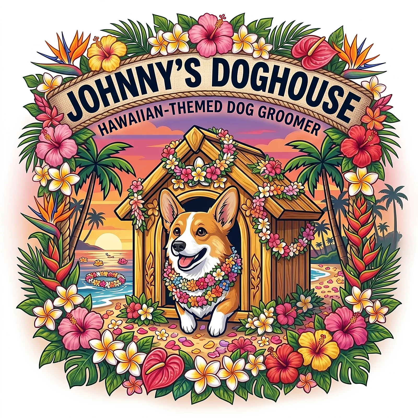 Corgi mascot in a lei-draped doghouse — Johnny's Doghouse, Tempe