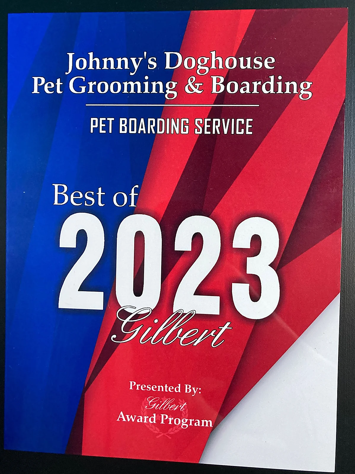 Johnnys Doghouse Best of 2023 Pet Boarding Service award certificate